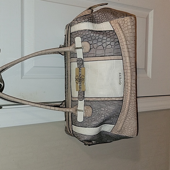 Guess Grey White Tan Large Faux Croc Bag
